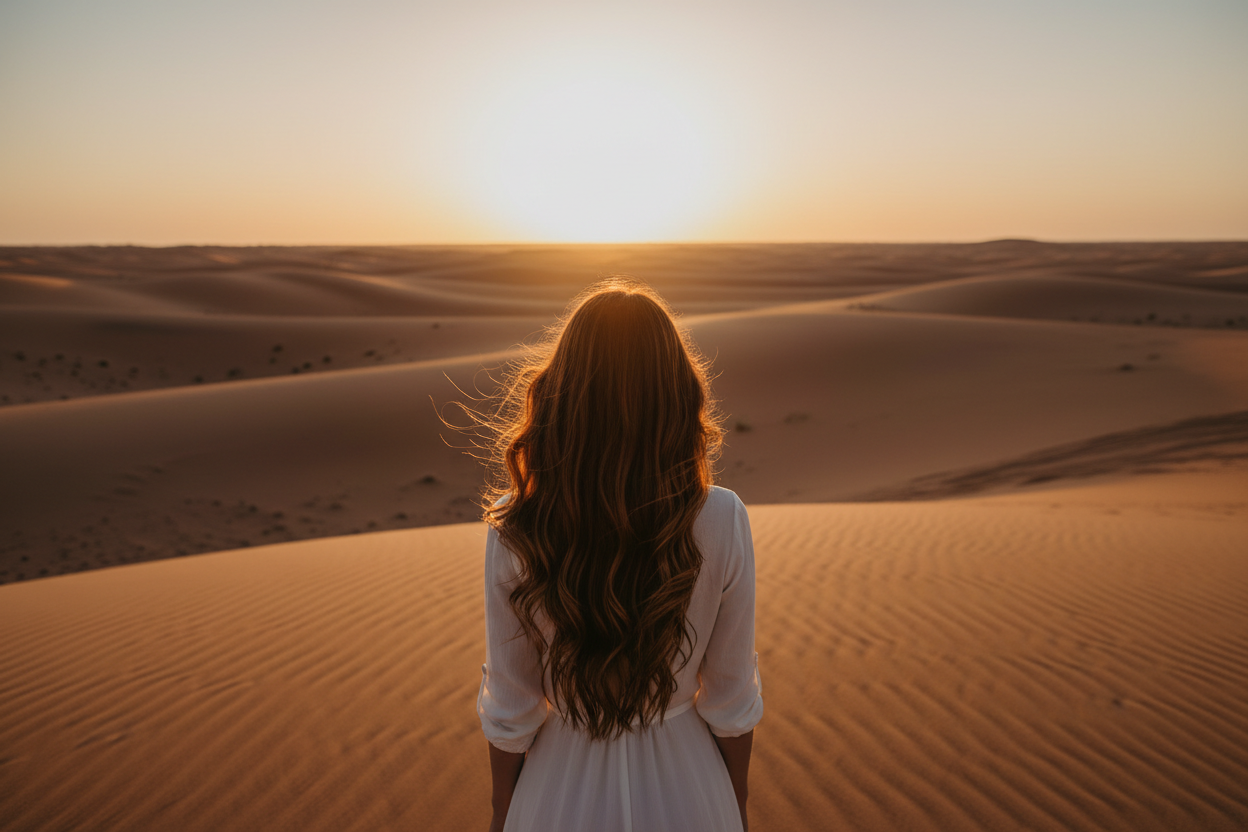 femme de dos belle cheveluere en plein desert 